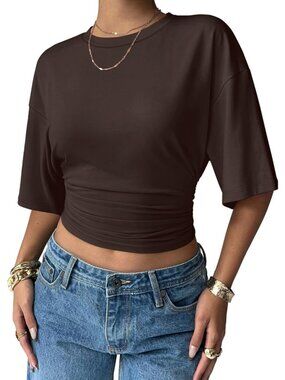 Women's Chocolate Trendy Batwing Short Sleeve Ruched Waist Slim Fitted T Shirt
